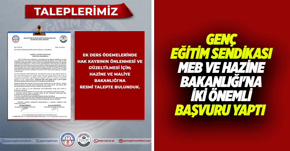 Genç Eğitim Sendikası, Meb ve Hazine Bakanlığı'na İki Önemli Başvuru Yaptı